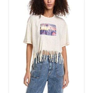 NWOT Ganni Fringe Graphic Ivory Beige Oversized Baggy T-Shirt Women's Size XXS